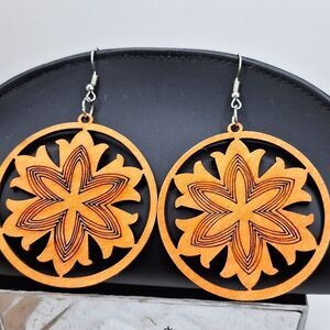 Round wood carved earrings boho jewelry unique design